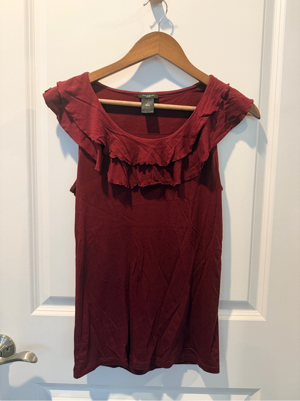 Ann Taylor Burgundy Ruffle Neck Sleeveless Top